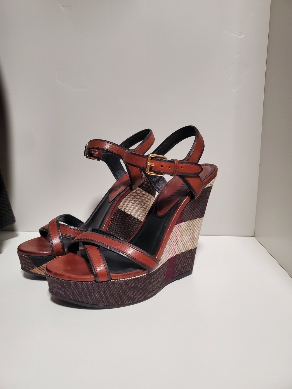 Burberry Brown Leather Platform Ankle-Strap Sandals